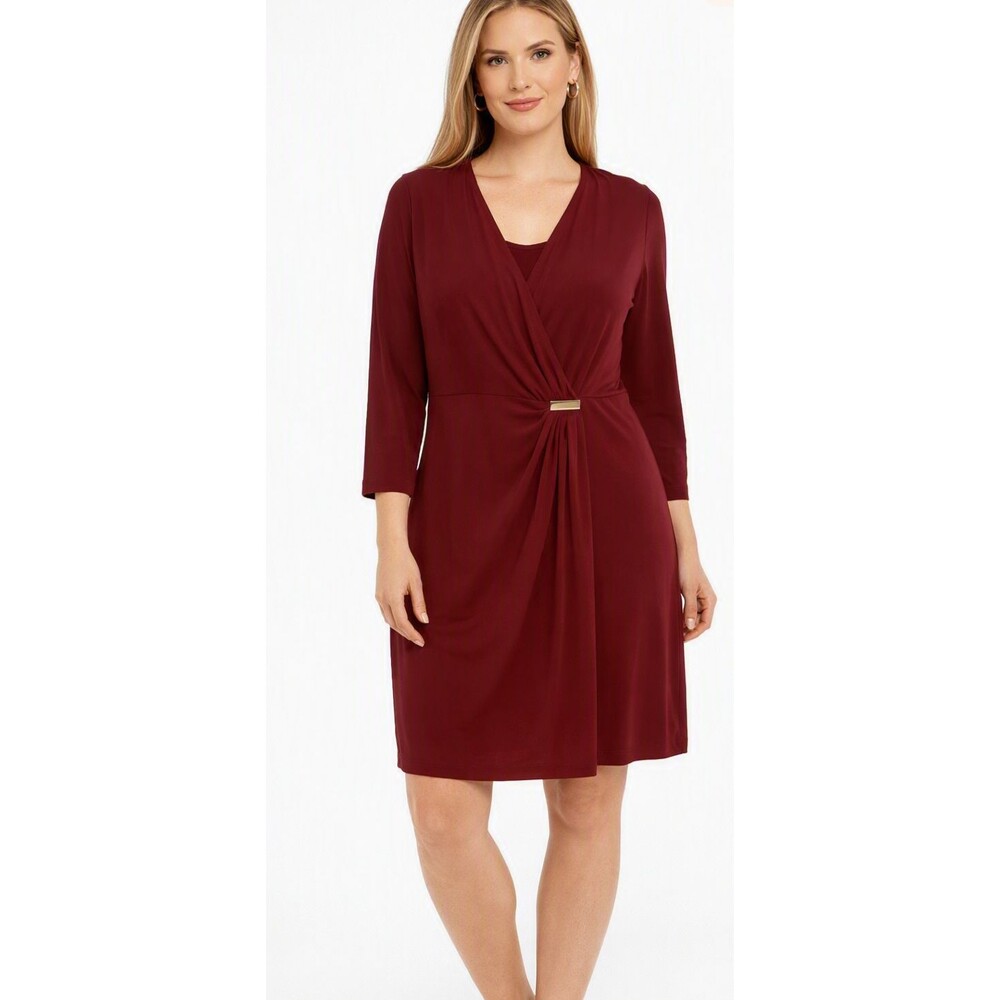 Signature Collection Burgundy Wrap Dress Silky Knit Jersey 3/4 Sleeves XL(16)